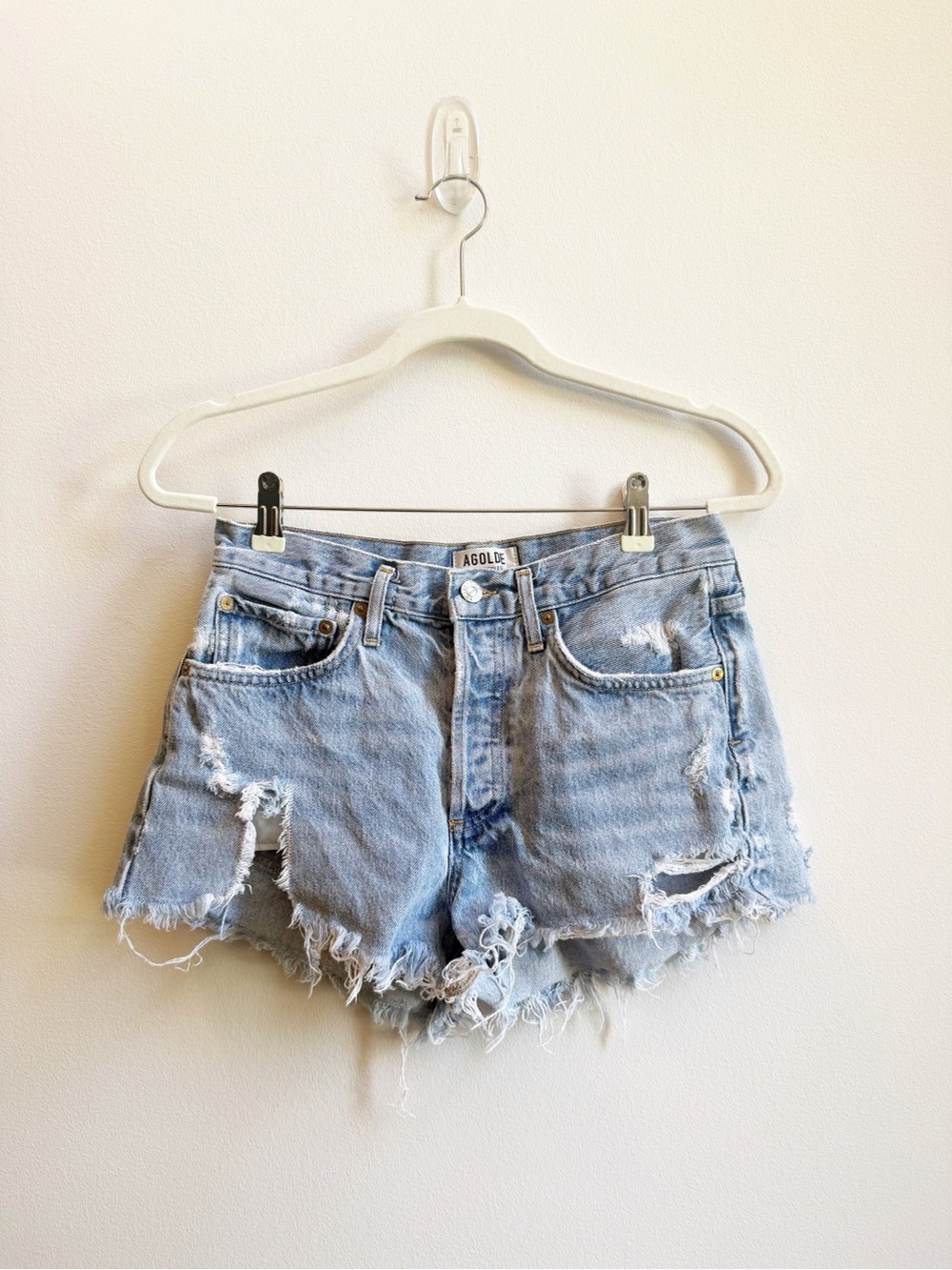 Agolde Light Wash Distressed Denim Cutoff Shorts